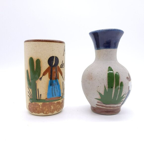 Mexican Tonala Pottery Vases 2 Hand-Painted Playa del Carmen Signed Vintage - Picture 5 of 14